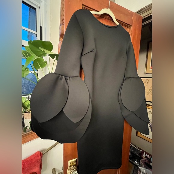 Petal Neoprene Sleeve Black Fitted Dramatic Dress EUC - Picture 2 of 15
